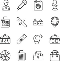 Set of photography and travel icons: photographer, microphone, calendar, camera, flash, compass, and various equipment bags.