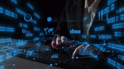 A business person interacts with a keyboard as digital graphs and data projections illuminate the dark space, symbolizing modern technology and data analysis. Xenic - Powered by Adobe