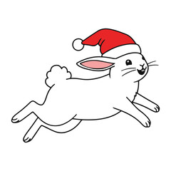 Cute white bunny wearing a santa hat jumping with joy