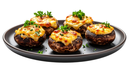 Five Savory Stuffed Mushrooms with Three Cheeses and Parsley Garnish Balanced Lighting Isolated Transparent Background