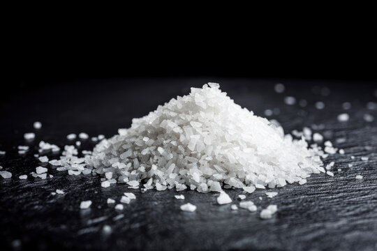 Fleur de sel flakes create delicate texture and bright flavor in this closeup image of white salt pile on dark slate background, perfect for gourmet cooking and seasoning