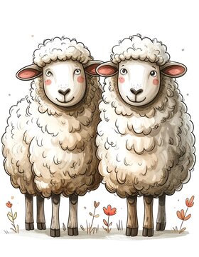 Two cartoon sheep smiling, with floral accents