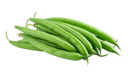 A vibrant pile of fresh, elongated, green beans against a stark black background