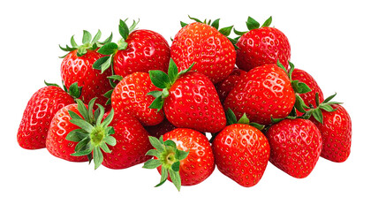 A pile of vibrant, ripe, red fruit with green leafy tops against a black background