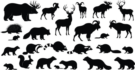 North American Forest Animals Vector Silhouette Set: Wildlife Collection Including Deer, Bear, Moose, Raccoon, Squirrel, and Beaver Icons.
