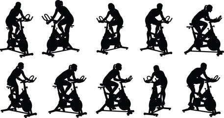 Set of indoor cycling silhouettes showing women riding stationary spinning exercise bikes, isolated vector for cardio and gym fitness concepts.
