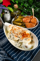 Boiled halvese egg with mayonnaise.