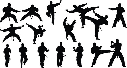 Set of karate and martial arts fighter silhouettes performing blocks, punches, and dynamic kicks, isolated vector for combat sport concepts.