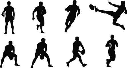 Set of Rugby Players Silhouettes in Various Poses Running Kicking and Passing Ball Isolated Vector Illustration for Sport Games and Team Competitions.