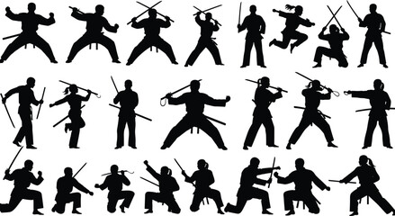 Martial Arts Fighter Silhouette Vector Set: Dynamic Poses of Ninjas and Samurai with Swords and Staffs for Combat, Training, and Warrior Graphics