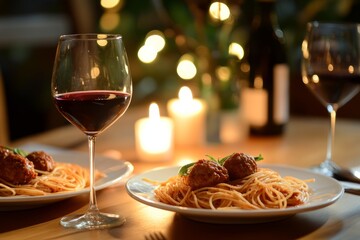 Romantic candlelit dinner with spaghetti and wine