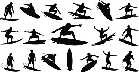 Surfing Silhouette Vector Set: Dynamic Action Poses of Male Surfers on Surfboards Riding Waves for Summer Sport, Beach, and Ocean Graphics