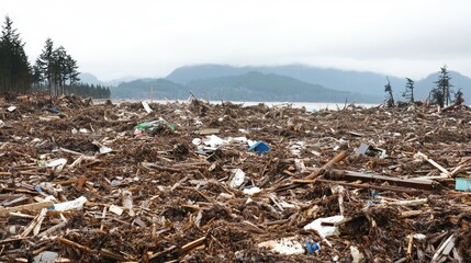 Debris from a Tsunami Washed Inland on the Coastline