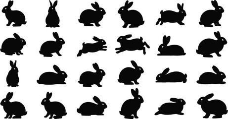 Wild and Domestic Rabbit Silhouette Vector Set: Cute Bunny Figures Hopping, Running, and Sitting in Various Poses for Easter, Nature, and Pet Graphics