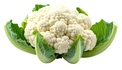 A whole cauliflower head with green leaves on a transparent background