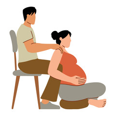 Supportive partner giving pregnant woman shoulder massage at home, creating a relaxing atmosphere, promoting wellness and comfort during pregnancy journey