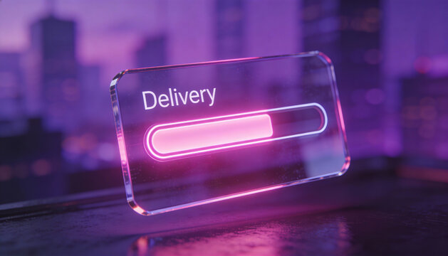 Floating transparent glass tracking interface card with neon pink progress bar and blurred city skyline background