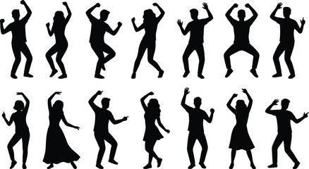 Dancing, people, silhouettes, men, women, party, celebration, energy, movement, music, joy, freedom, crowd, poses, isolated, white, background, modern, fun, concept