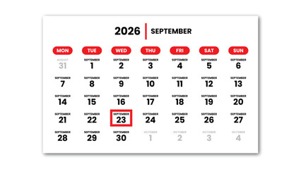 The date September 23th, 2026 marked with a red cursor on the wall