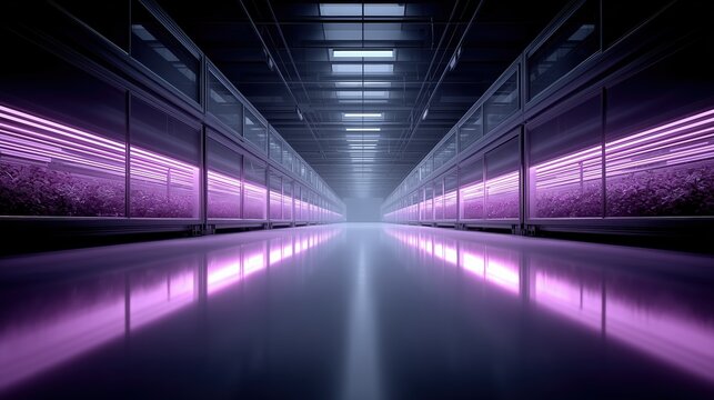 Futuristic indoor vertical farming corridor with purple LED grow lights and reflective floor for agritech.

