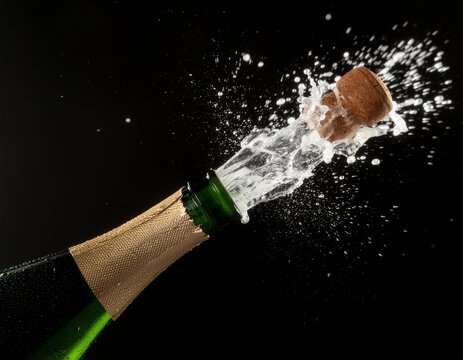 Dynamic high-speed shot of a champagne bottle popping, cork in mid-air, bubbly erupting.