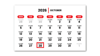 The date October 28th, 2026 marked with a red cursor on the wall