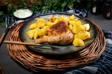 Appetizing baked chicken leg quarter.
