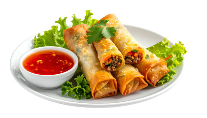 Golden-brown, crispy fried rolls with dipping sauce, nestled on lettuce. Fresh, vibrant colors