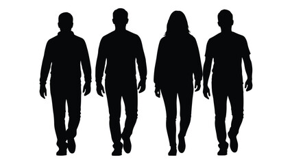 Four people walking forward depicted as dark shapes against a white background silhouette