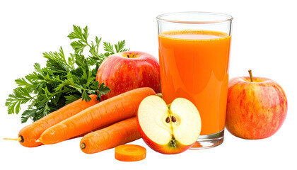 Healthy arrangement of carrots, apples, parsley, and juice in a glass on a black backdrop