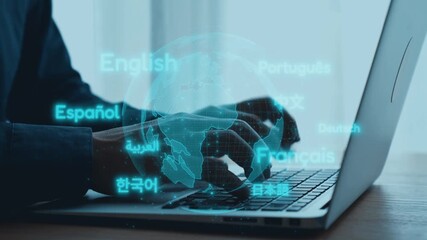 A close-up of hands typing on a laptop, surrounded by holographic language labels and a world map, symbolizing digital communication and language diversity in work. Qubit - Powered by Adobe