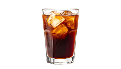 Glass of dark brown bubbly beverage with ice cubes, isolated on black background