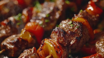 Grilled Turkish Kebab with spiced lamb and roasted peppers closeup