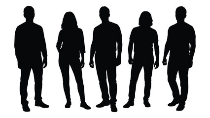 Five figures standing in a row presenting a dark and striking silhouette