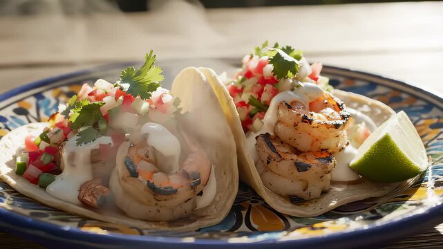 Serving Two Shrimp Tacos With Fresh Salsa and Lime on Decorated Plate