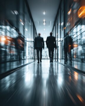 Motion blur of two business people walking down futuristic hallway with lights.

