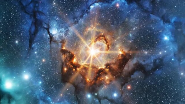 Bright supernova explosion in deep space with glowing orange energy and blue nebula gas clouds