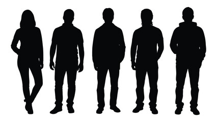 A row of five distinct human figures presented as a dark striking silhouette