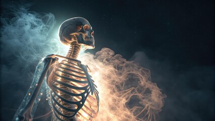 Human skeleton in glowing smoke, ethereal AI-generated image, surreal digital art, eerie and mysterious visuals, futuristic design, high-resolution conceptual background