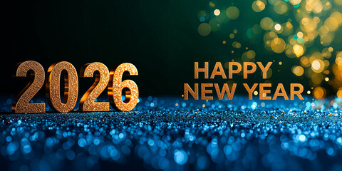Happy New Year 2026 luxury background with golden 3D numbers, blue glitter floor and festive bokeh lights, elegant celebration design for holiday marketing and branding