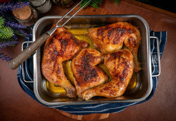 Baked chicken legs in metal baking dish.
