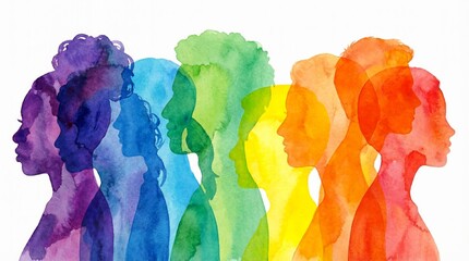 Group of silhouette heads in different colorful colors as a team.