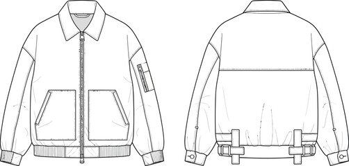 Minimalist cad bomber jacket technical drawing vector set front and back views fashion design flat apparel sketch garment blueprint isolated on transparent background