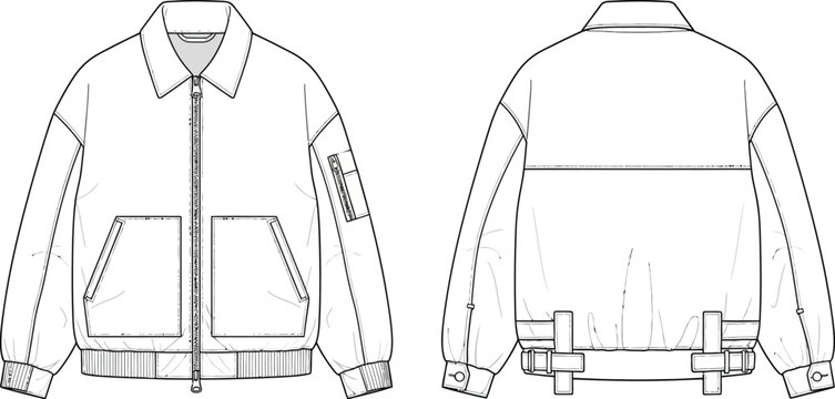 Minimalist cad bomber jacket technical drawing vector set front and back views fashion design flat apparel sketch garment blueprint isolated on transparent background