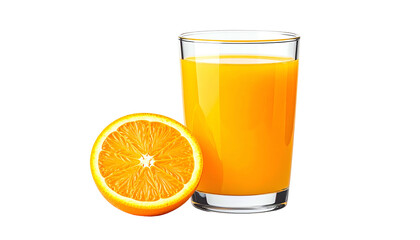 A full glass of bright orange liquid alongside a halved citrus fruit on black background