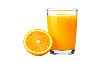 A full glass of bright orange liquid alongside a halved citrus fruit on black background