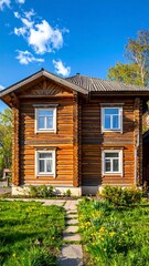Two-story wooden house with four windows under a vibrant blue sky