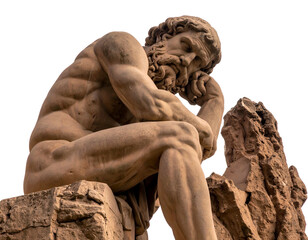 Muscular man statue deep in thought on rock
