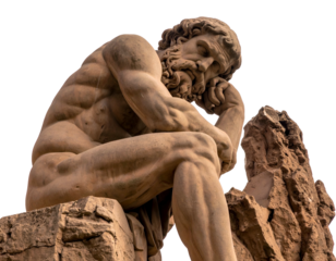 Muscular man statue deep in thought on rock