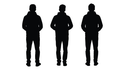 Three figures standing side by side depicted in a stark black silhouette